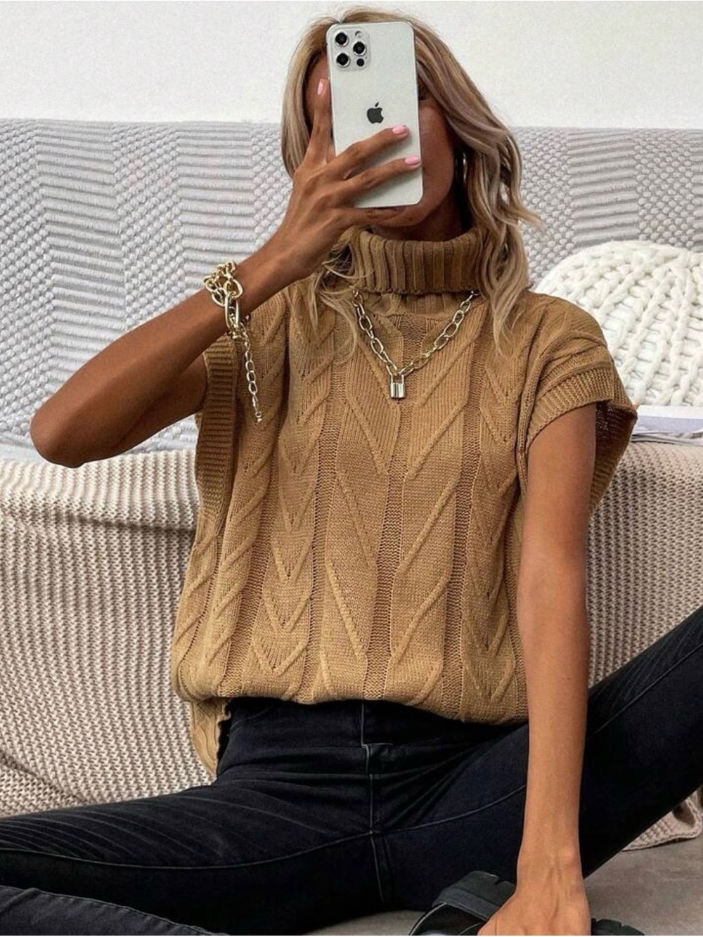 SHEIN Sleeveless Turtleneck Cable Knit Sweater - Khaki - Picture 3 of 6